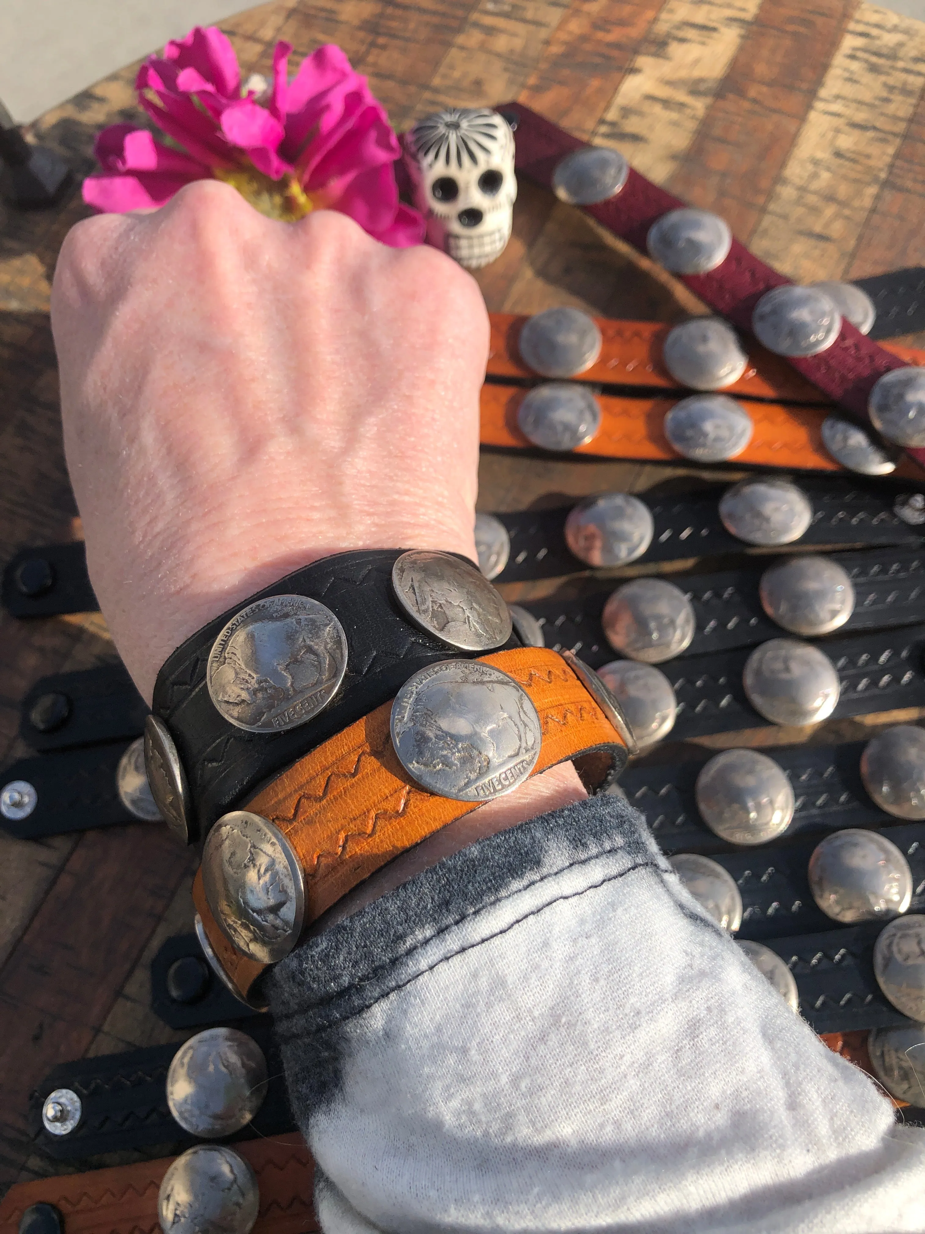 Buffalo Nickel Leather Band/Bracelet- Sz Small