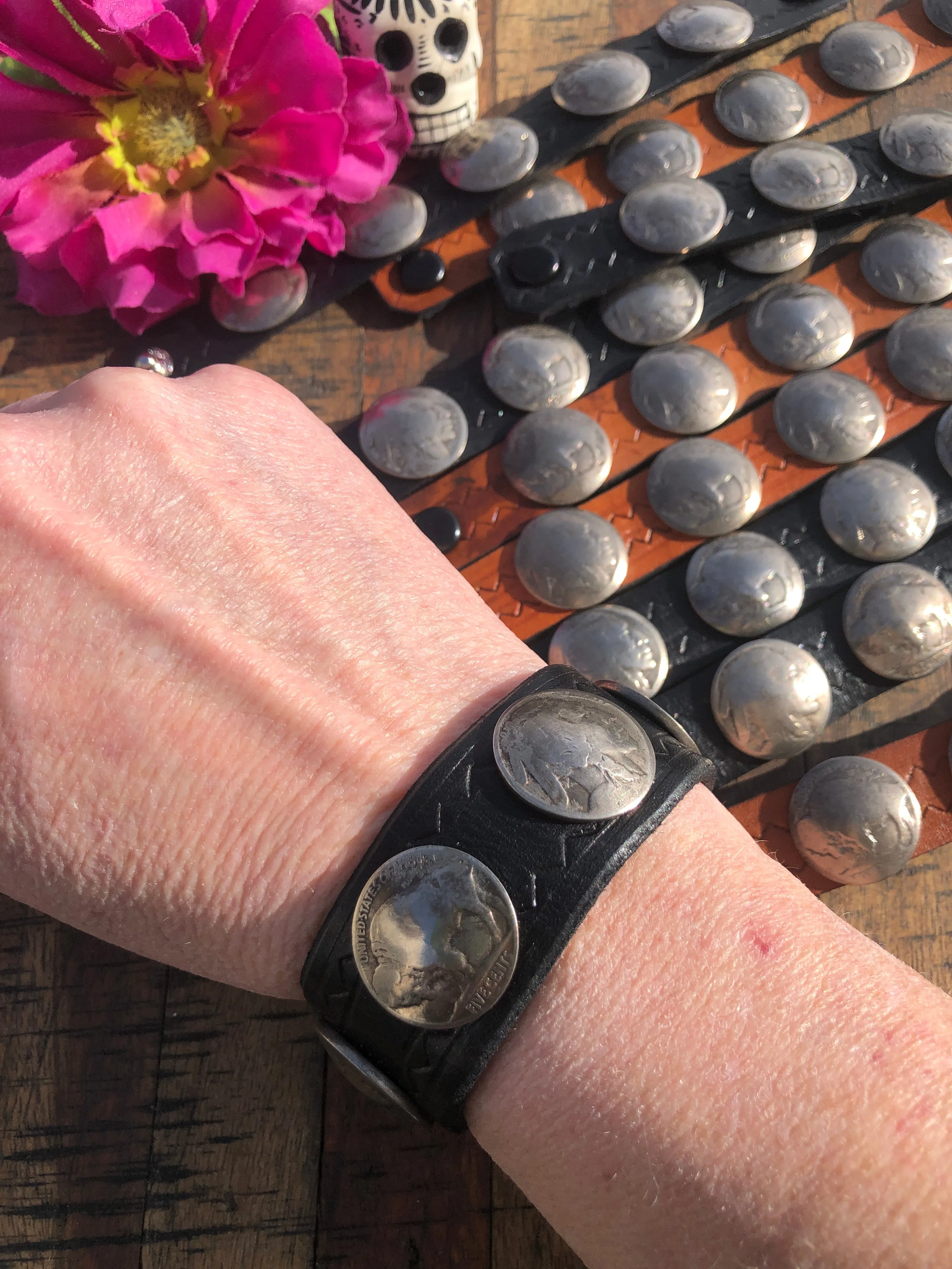 Buffalo Nickel Leather Band/Bracelet- Sz Small