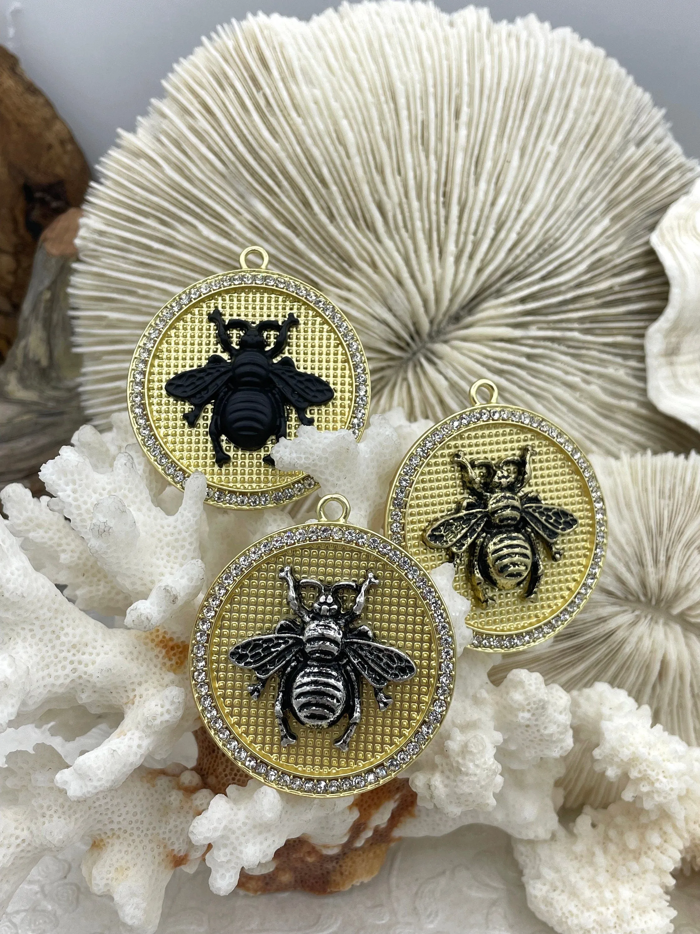 Bumble Bee Pendant with CZ, Round Bee Charm, Bumble Bee Charm, Mixed MetalBumble Bee, 3 Styles, Zinc Alloy, Cubic Zirconia, Fast Ship