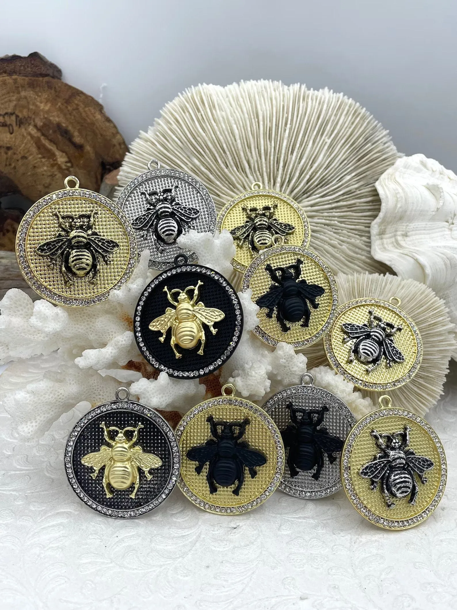 Bumble Bee Pendant with CZ, Round Bee Charm, Bumble Bee Charm, Mixed MetalBumble Bee, 3 Styles, Zinc Alloy, Cubic Zirconia, Fast Ship