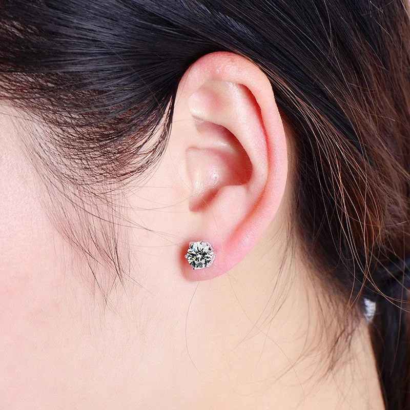 Classic Six Prongs Round Zircon Silver Studs Earrings for Women