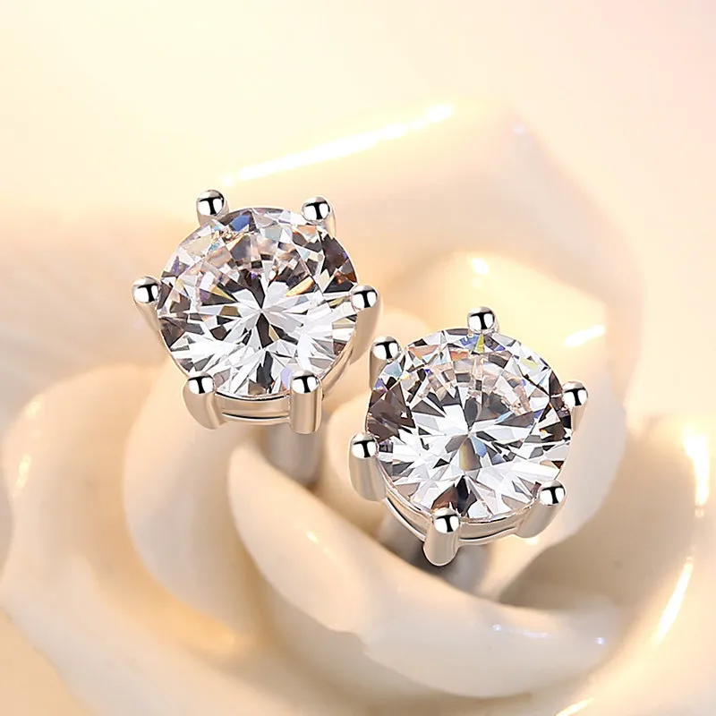 Classic Six Prongs Round Zircon Silver Studs Earrings for Women