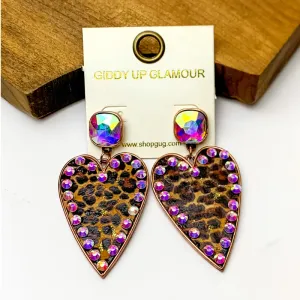 Cork Leopard Print Heart Earrings with a Rose Gold and AB Stone Border