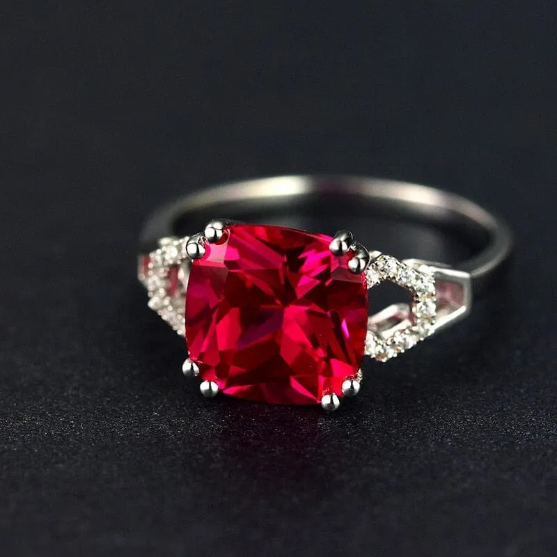 Created Square Ruby/Emerald Charm Silver Ring