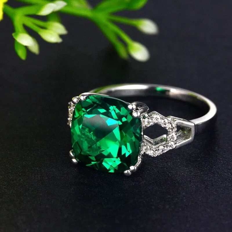 Created Square Ruby/Emerald Charm Silver Ring