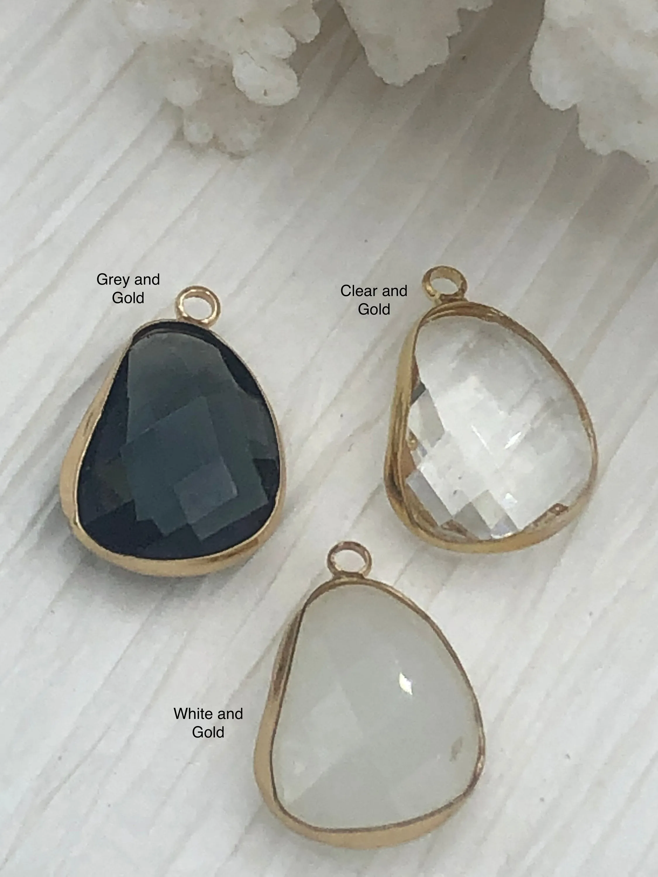 Crystal Gold Soldered Pendants and charms. Grey, Clear, and White connector , 3 Colors to choose from. Fast Shipping