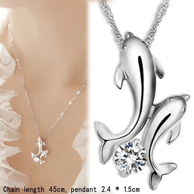 Cute Silver Plated Double Dolphin Rhinestone Short Chain Pendant Necklace Women Fashion Jewelry