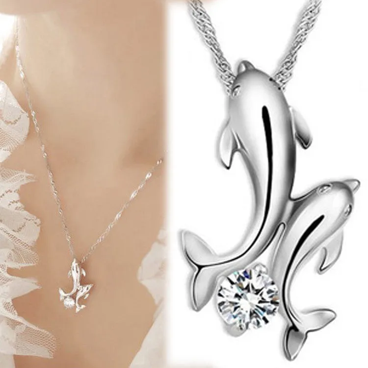 Cute Silver Plated Double Dolphin Rhinestone Short Chain Pendant Necklace Women Fashion Jewelry