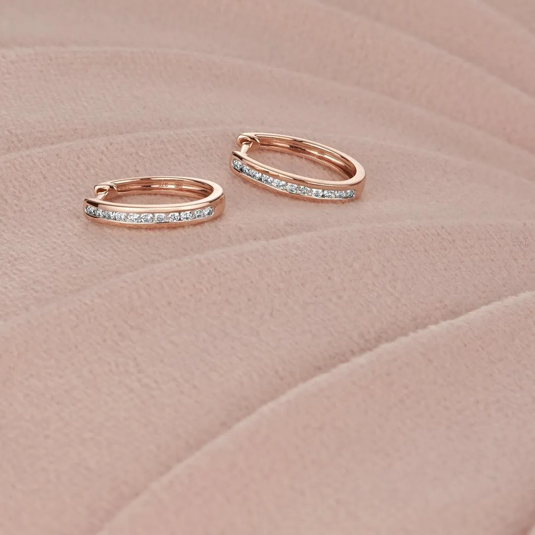 Diamond Oval Huggie Hoop Earrings in 9ct Rose Gold