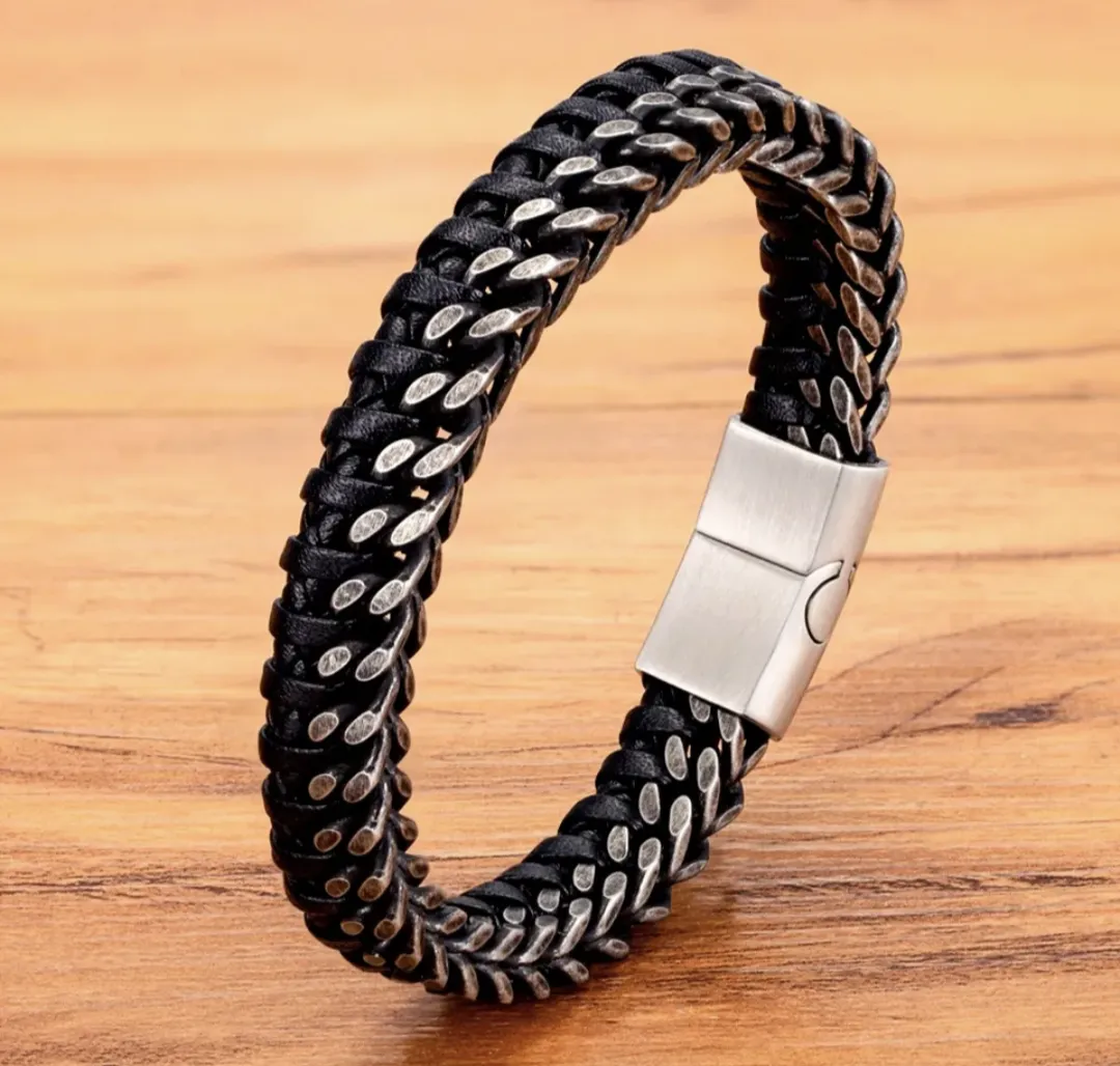 Double Braided Stainless and Leather Bracelet