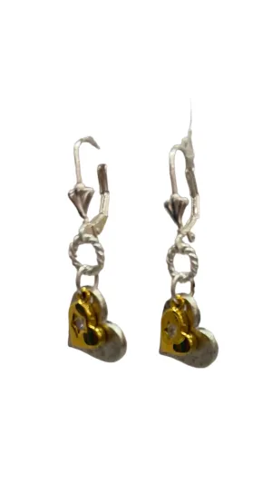 DOUBLE GOLD SILVER HEART CRYSTAL EARRINGS