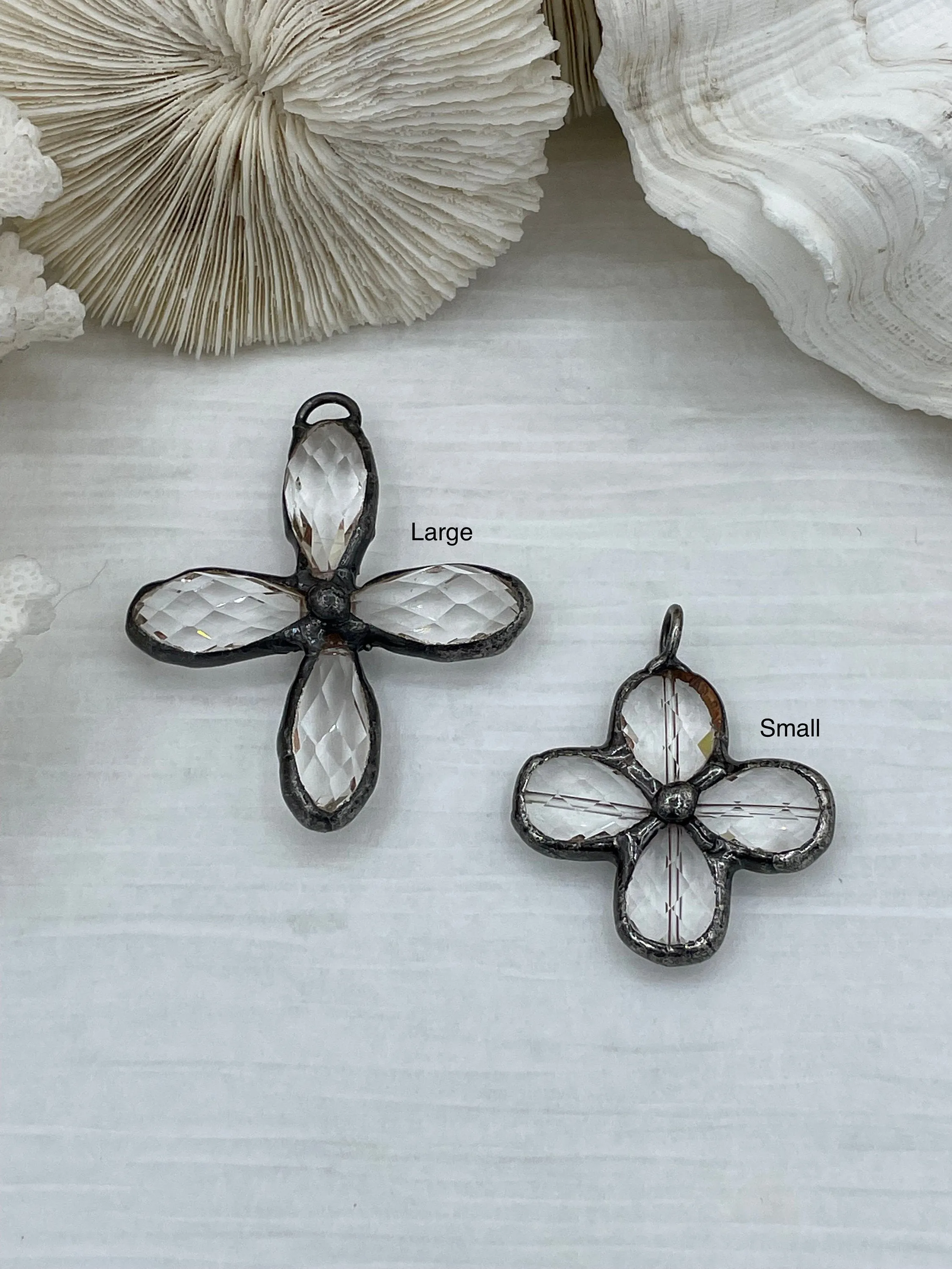 Faceted Crystal Gunmetal Soldered Flower Pendant. Soldered Crystals flowers 2 sizes  52mm x 50mm x 11mm & 43mm x 39mm x 8mm. Fast Shipping