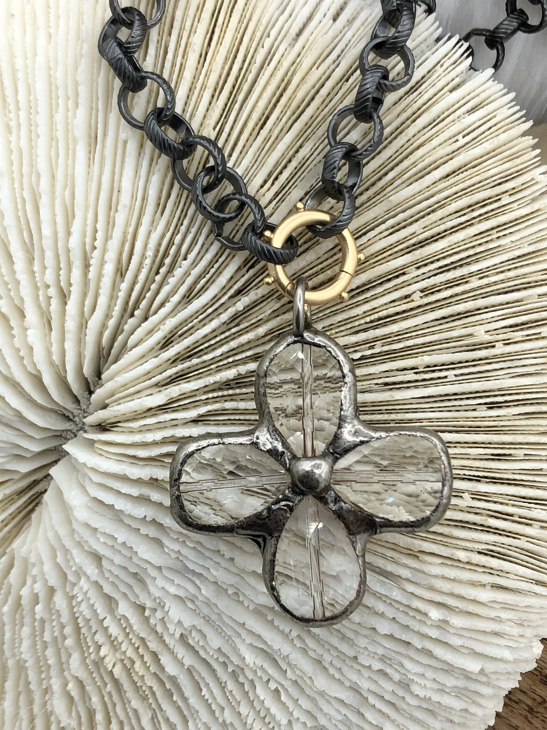 Faceted Crystal Gunmetal Soldered Flower Pendant. Soldered Crystals flowers 2 sizes  52mm x 50mm x 11mm & 43mm x 39mm x 8mm. Fast Shipping