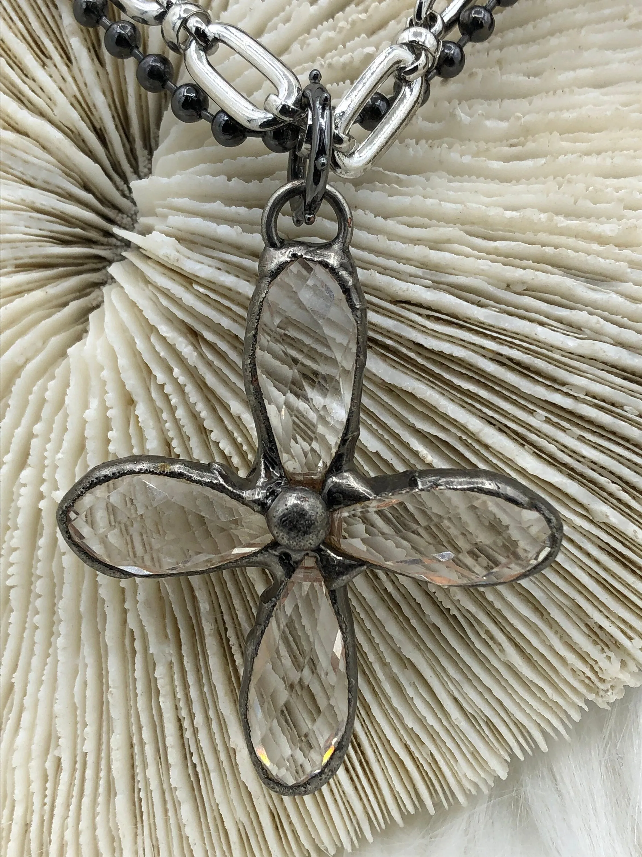 Faceted Crystal Gunmetal Soldered Flower Pendant. Soldered Crystals flowers 2 sizes  52mm x 50mm x 11mm & 43mm x 39mm x 8mm. Fast Shipping