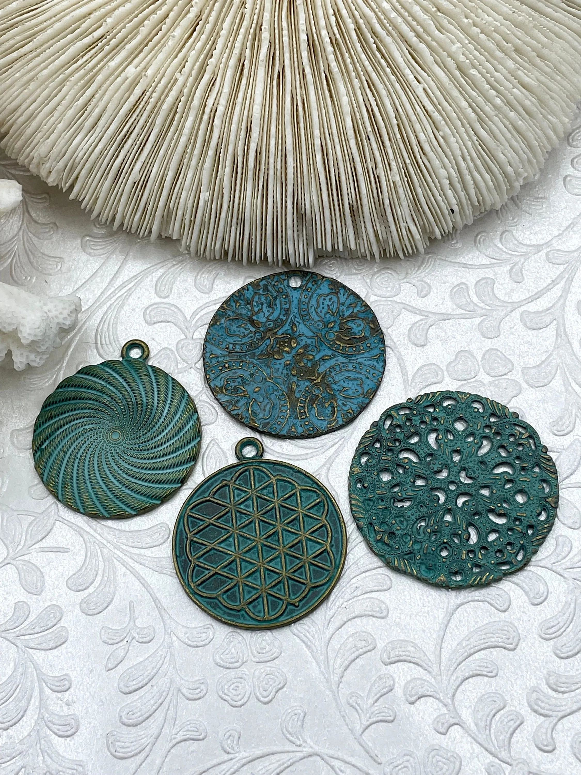 Flat Round Filigree Stamped Metal Pendant Medallion Pendant,  4 styles, 42mm, 39mm, 34mm, 21mm Verdigris . Fast Ship