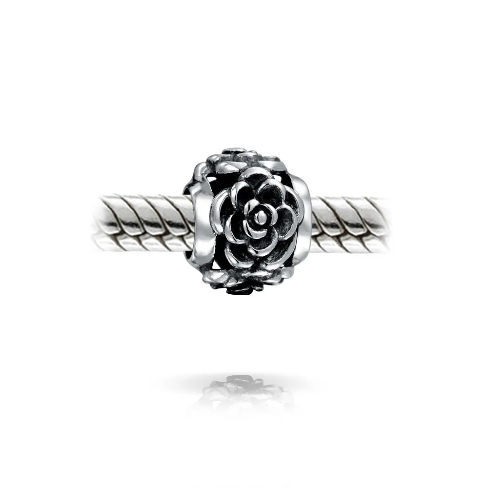 Flower Garden Black Rose Charm Bead in Oxidized Sterling Silver for Bracelets