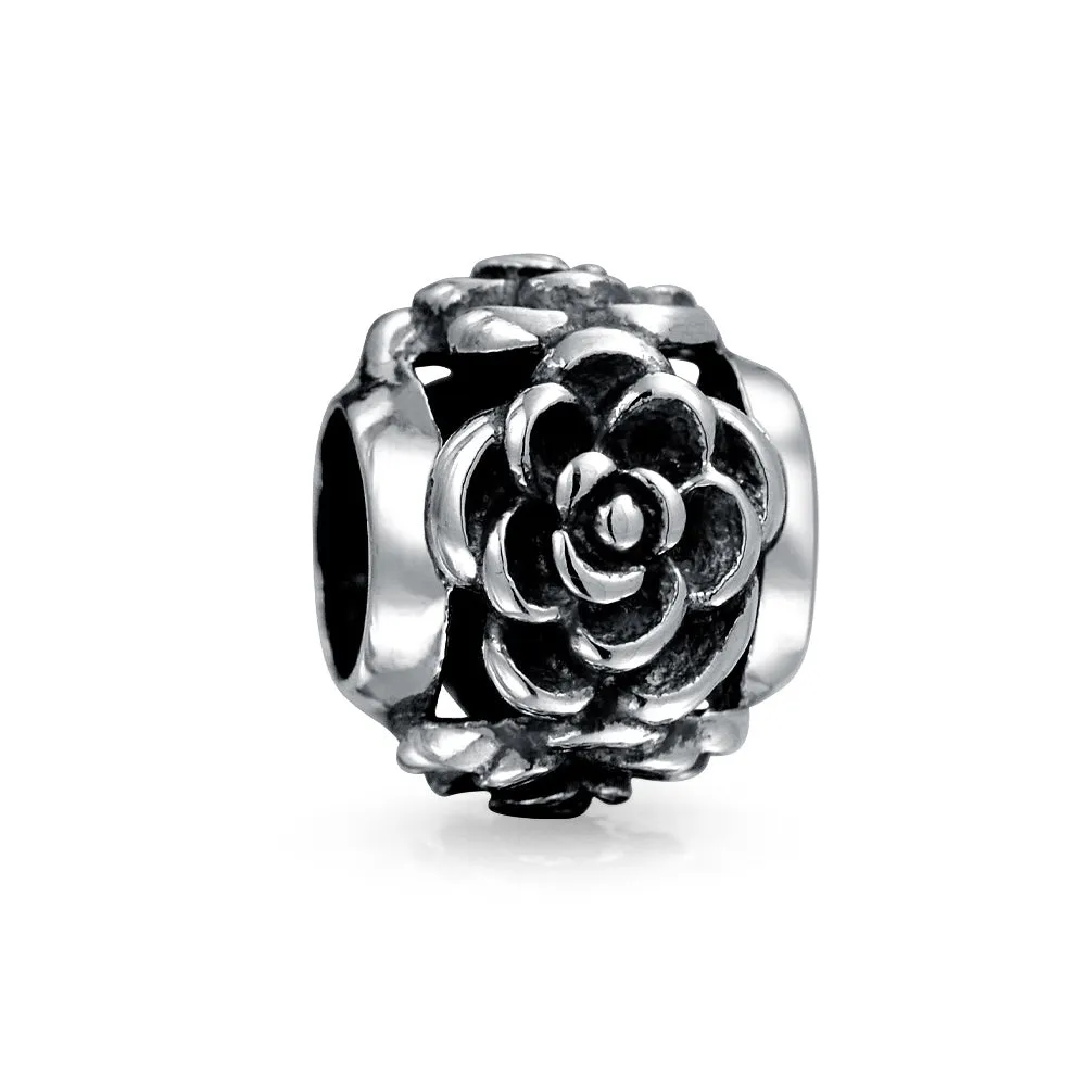 Flower Garden Black Rose Charm Bead in Oxidized Sterling Silver for Bracelets