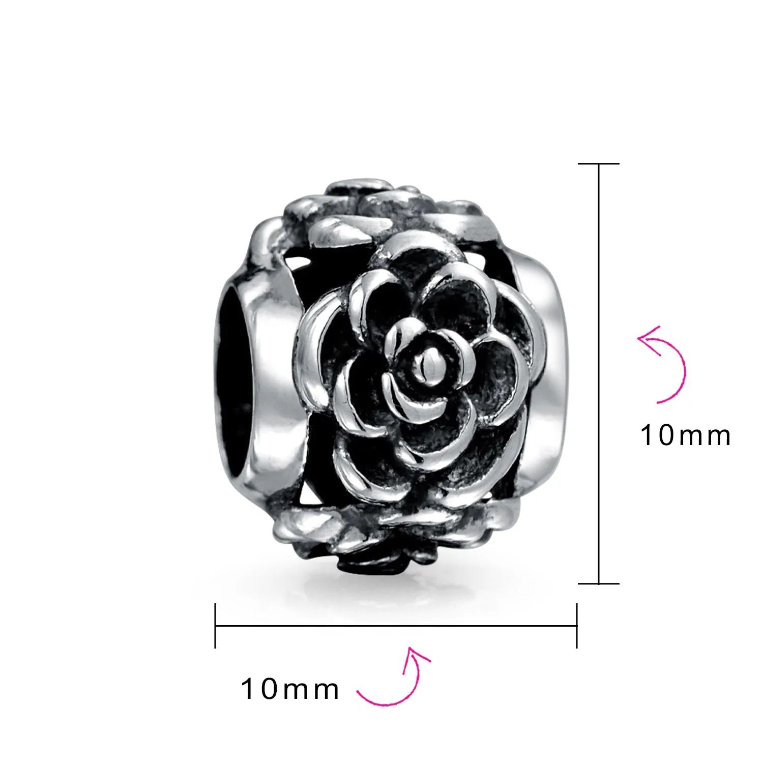 Flower Garden Black Rose Charm Bead in Oxidized Sterling Silver for Bracelets