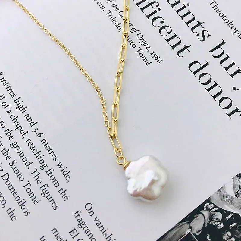 Freshwater Large Baroque Pearl Necklace Paper Clip Chain