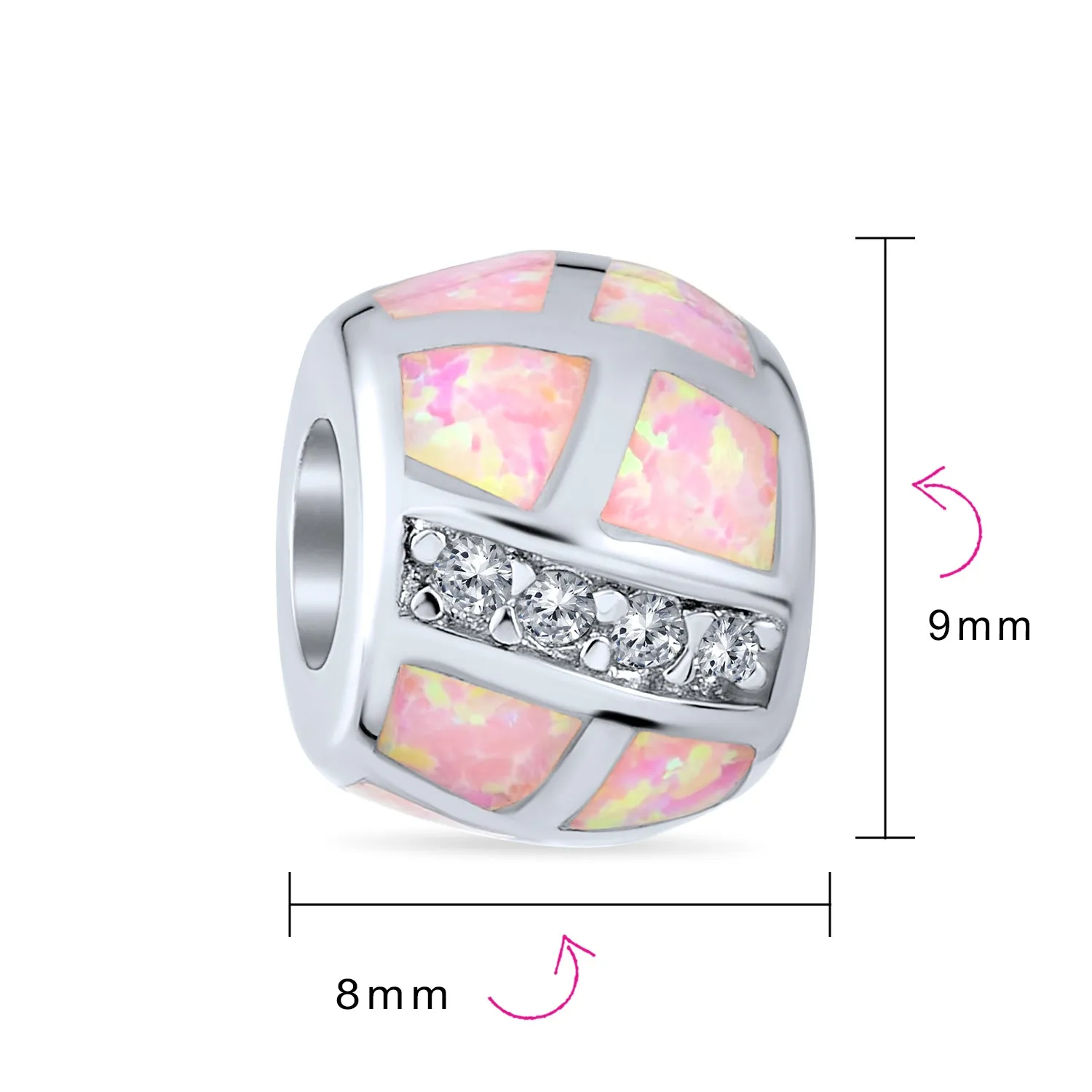 Geometric CZ Pink Opal Charm Bead Sterling Silver for European Bracelets