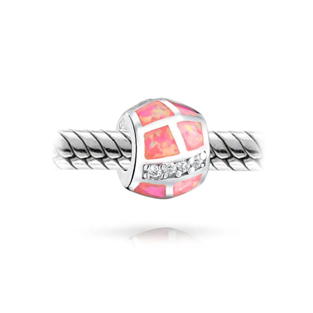 Geometric CZ Pink Opal Charm Bead Sterling Silver for European Bracelets