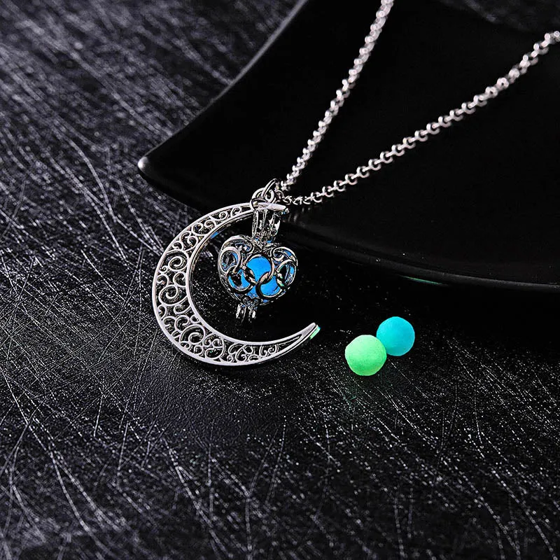 Glow In The Dark Necklace Moon Square Heart Necklaces For Woman Hollow Water Drop Pendant