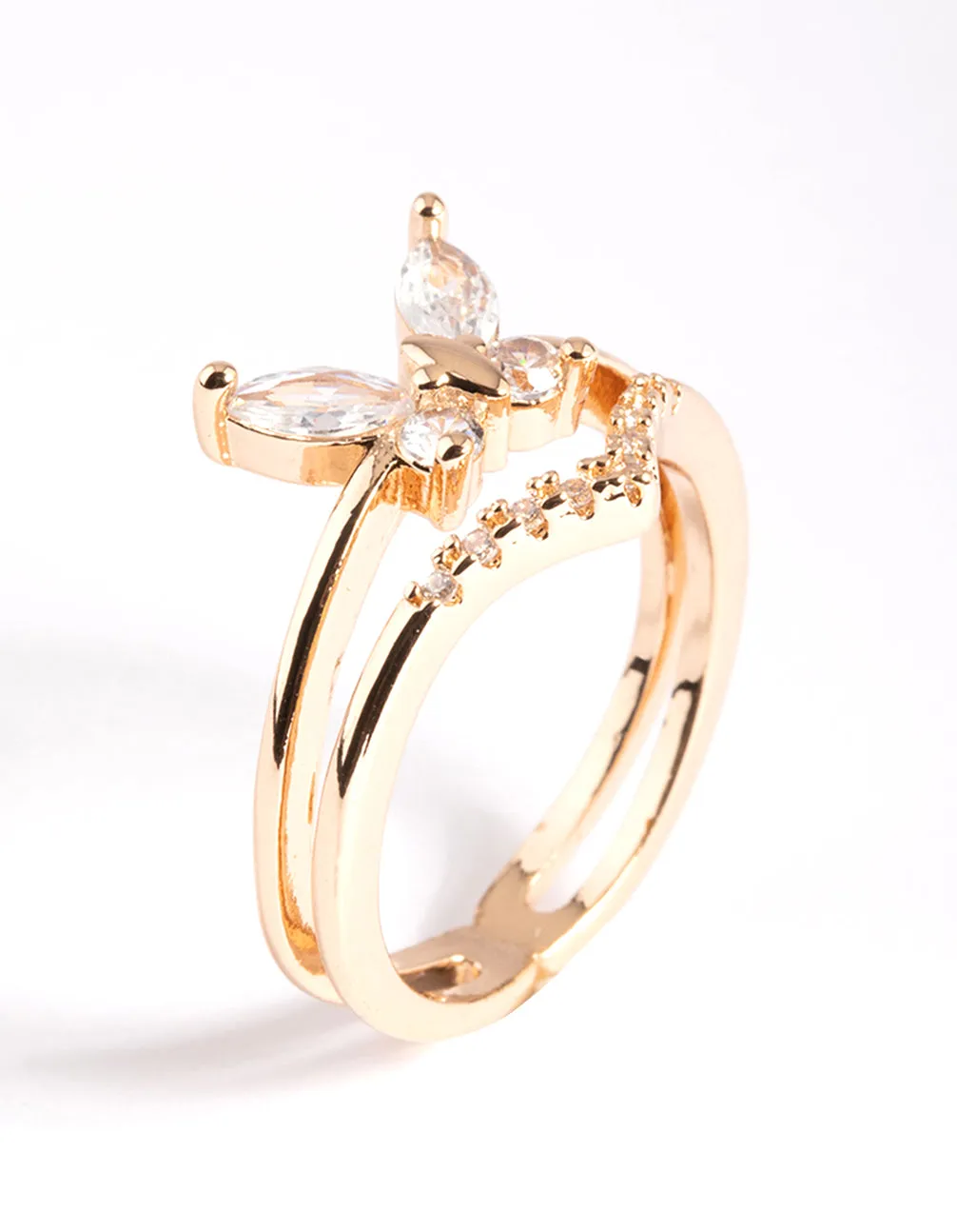 Gold Cubic Zirconia Butterfly Double Band Ring