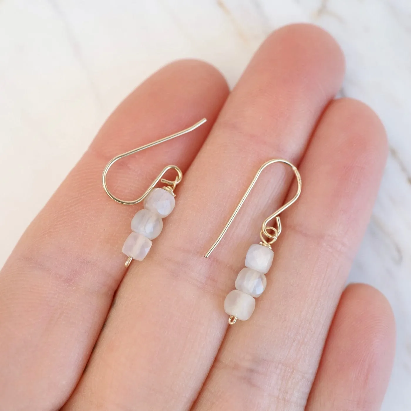 Gold Filled 3 Rainbow Moonstone Cube Stack Drop Earring