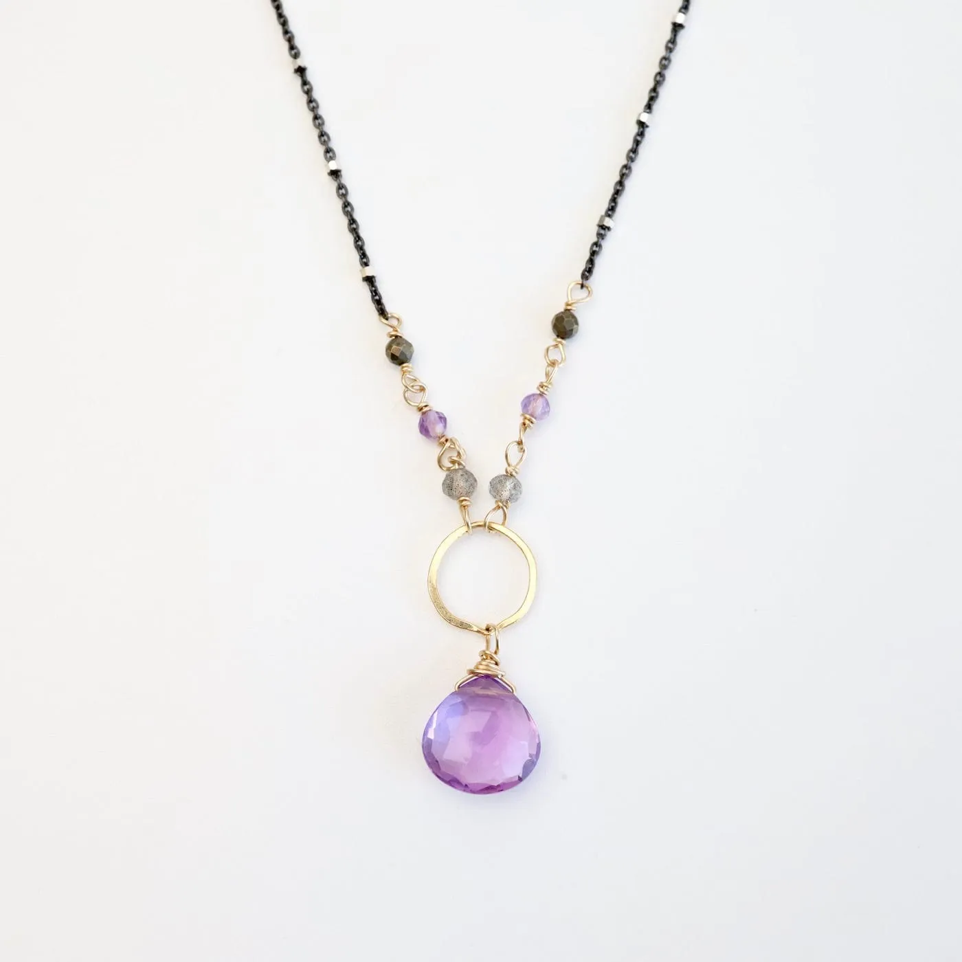 Gold Filled Ring with Pink Amethyst Drop Necklace