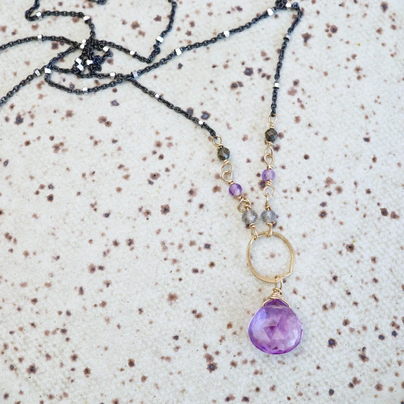 Gold Filled Ring with Pink Amethyst Drop Necklace