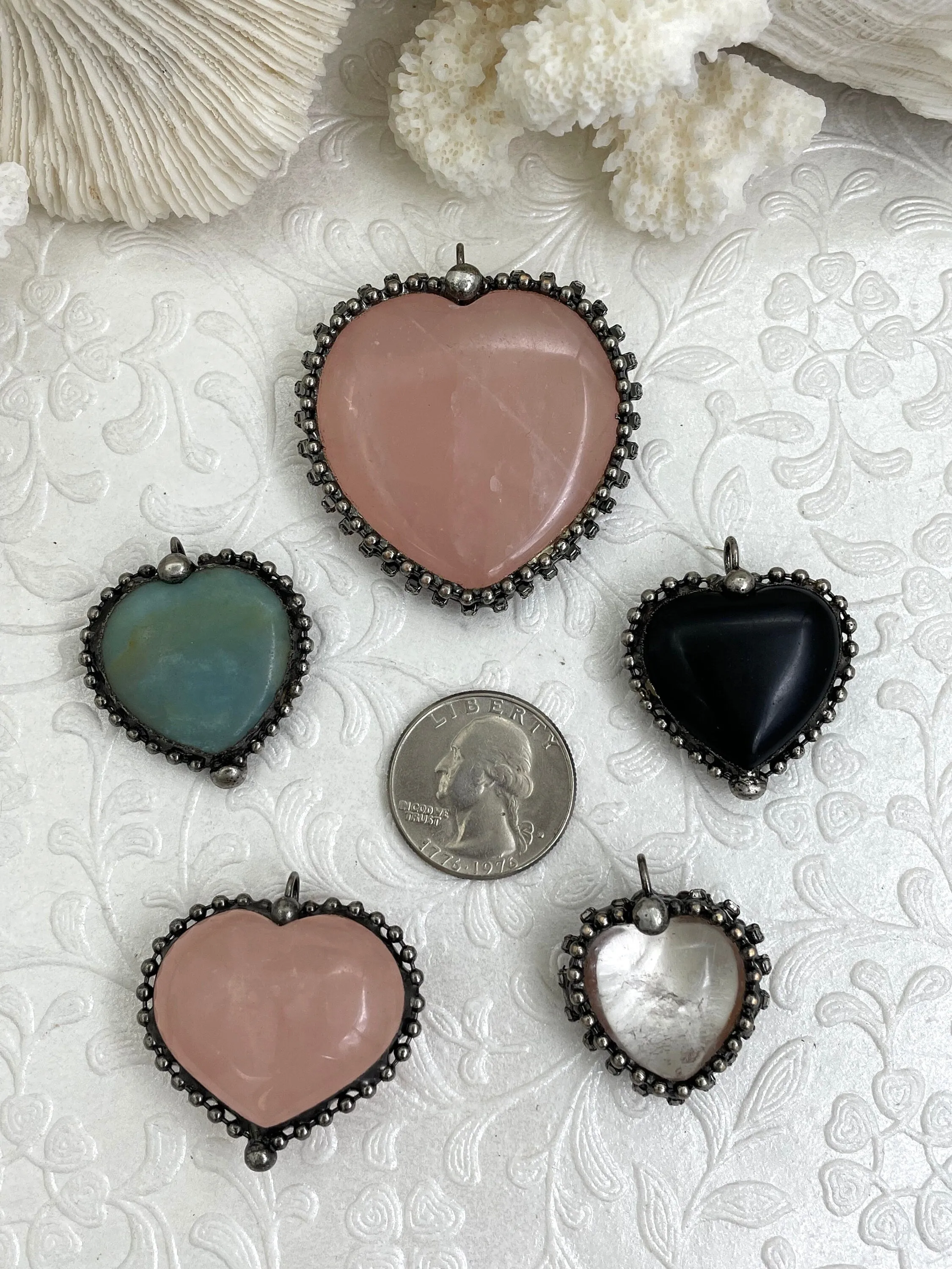 Heart Shaped Pendants w/Textured Burnished Silver Soldered Bezel w/CZ. 5 Styles,Natural stones,Variety of sizes&stones, all unique.Fast Ship