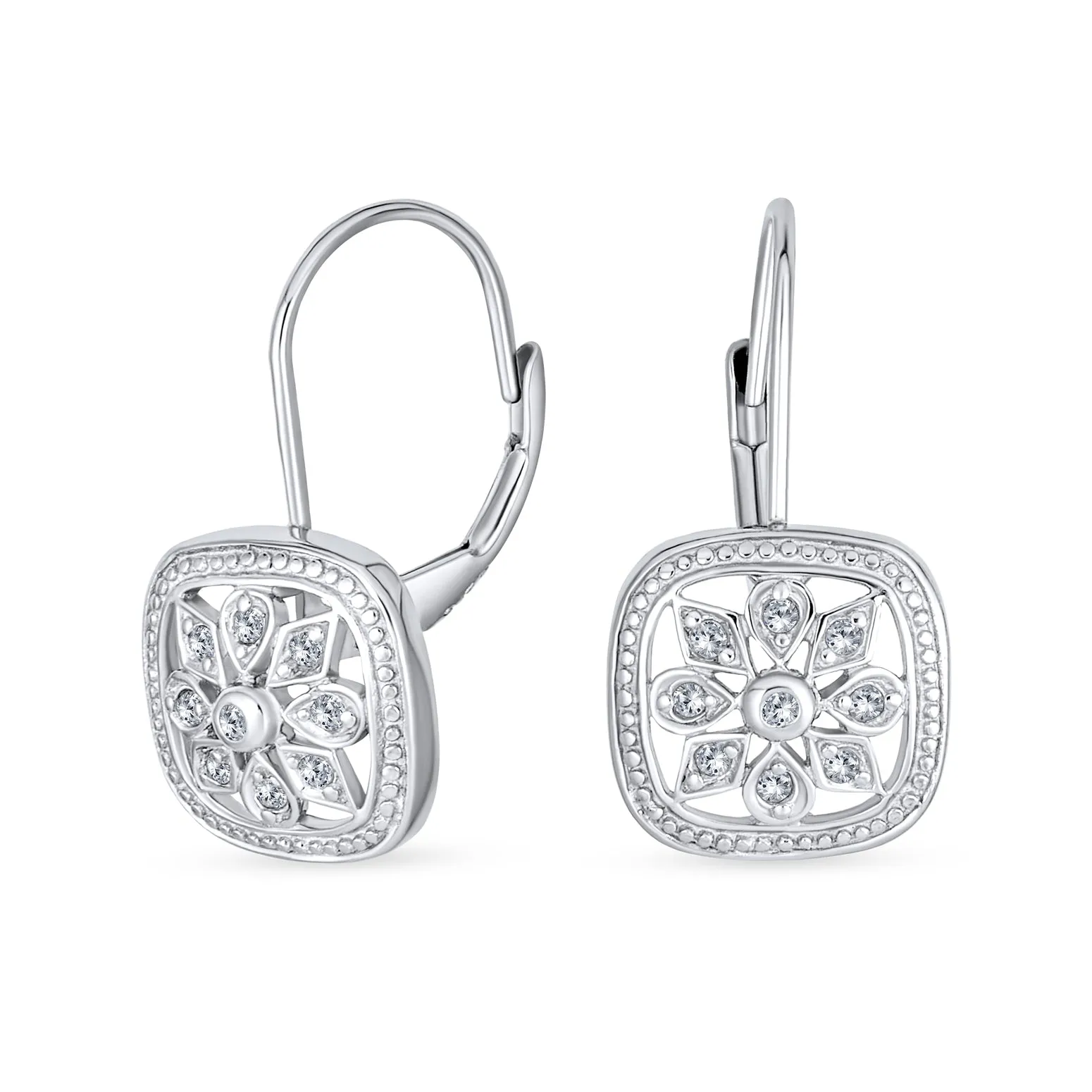 Holiday Pave CZ Christmas Snowflake Drop Leverback Earrings 925 Silver