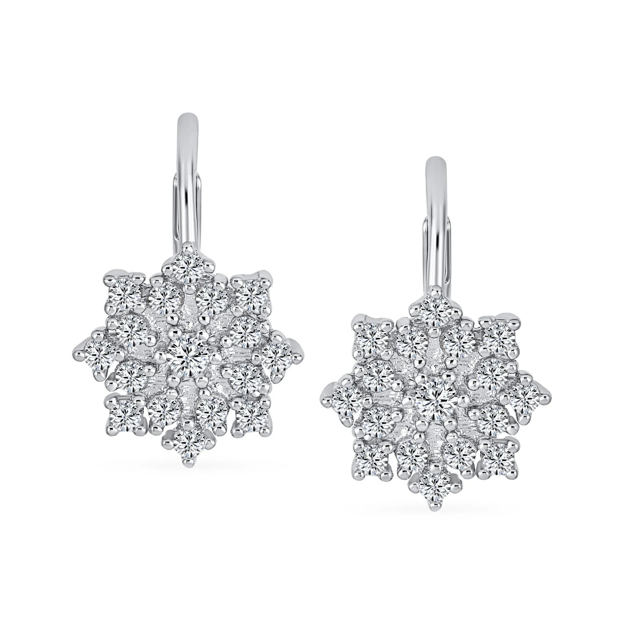 Holiday Pave CZ Christmas Snowflake Drop Leverback Earrings 925 Silver