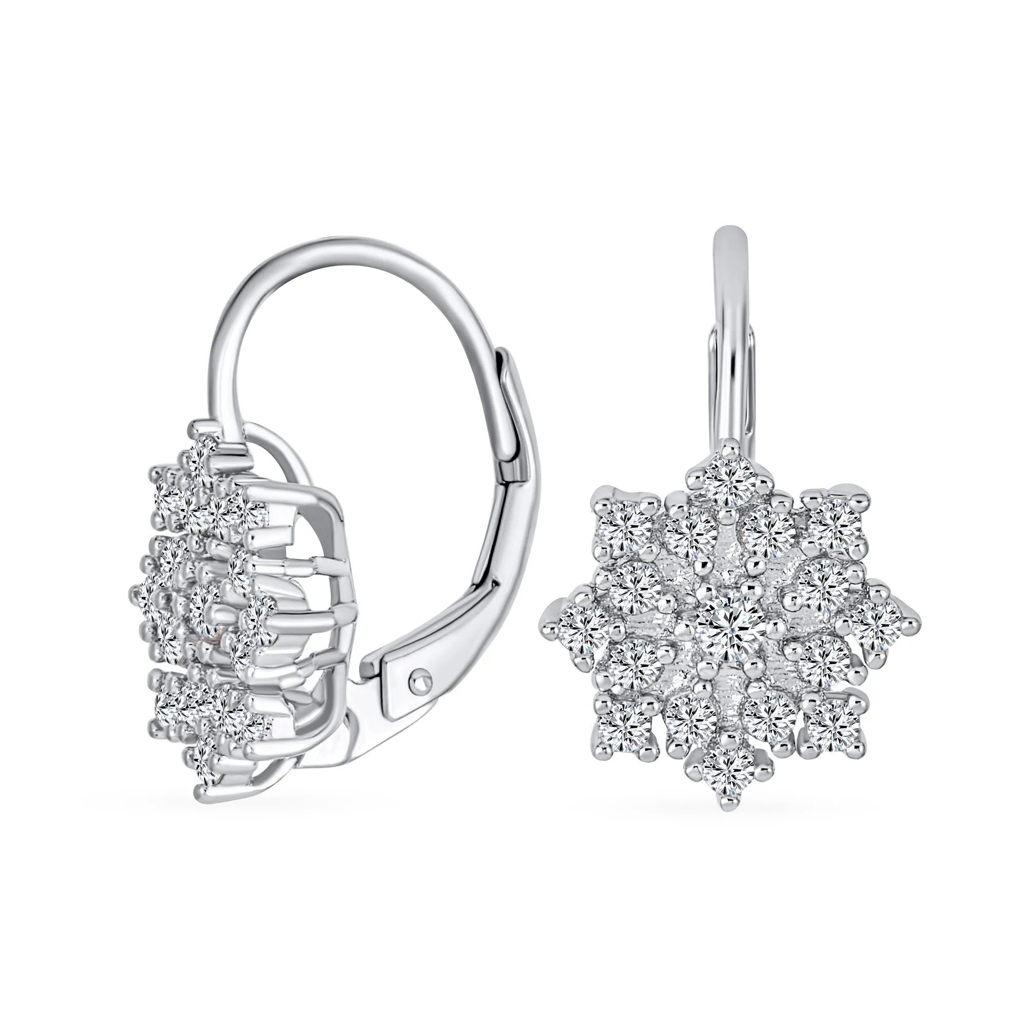 Holiday Pave CZ Christmas Snowflake Drop Leverback Earrings 925 Silver