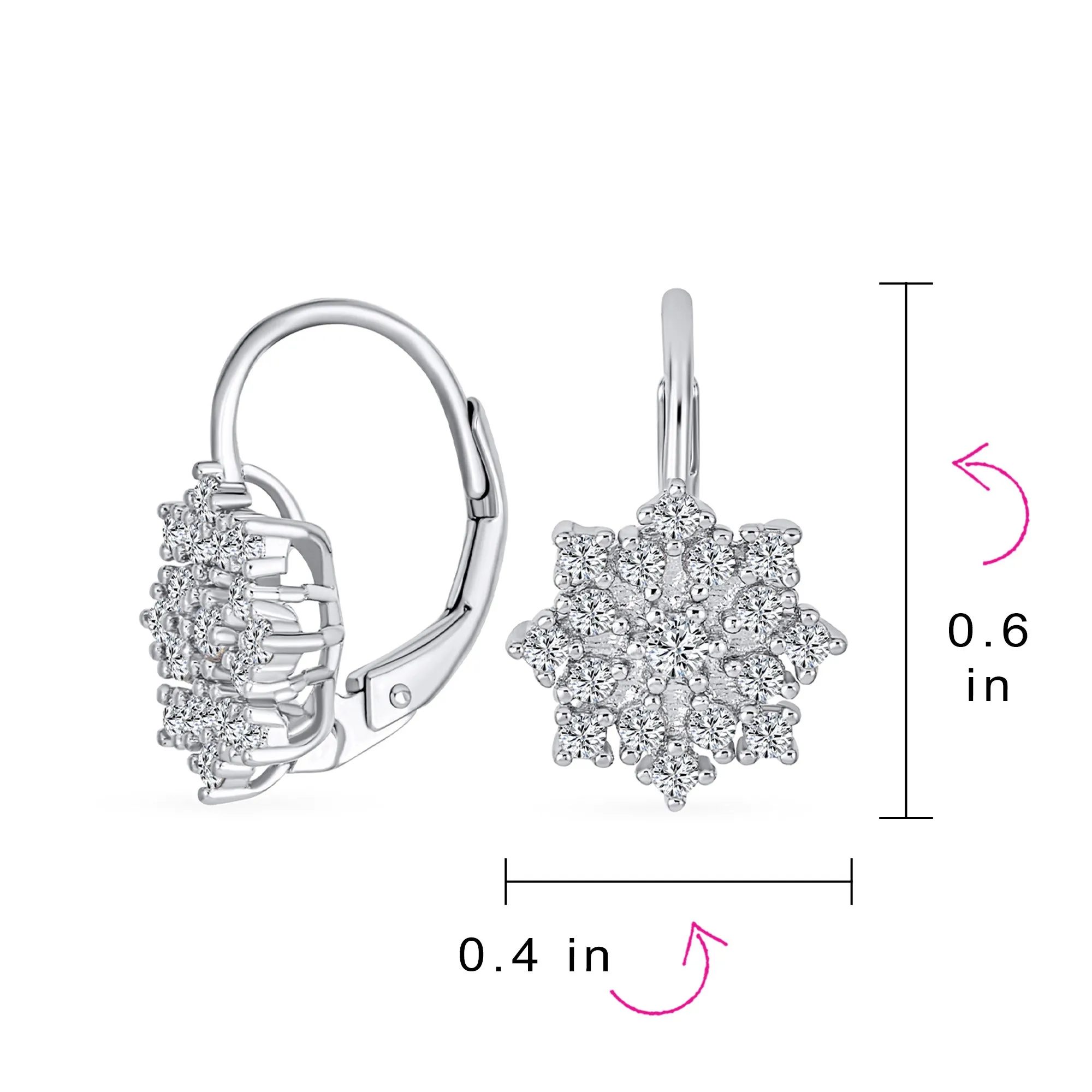 Holiday Pave CZ Christmas Snowflake Drop Leverback Earrings 925 Silver