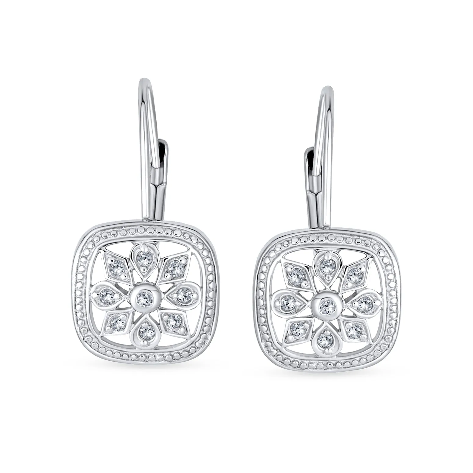 Holiday Pave CZ Christmas Snowflake Drop Leverback Earrings 925 Silver