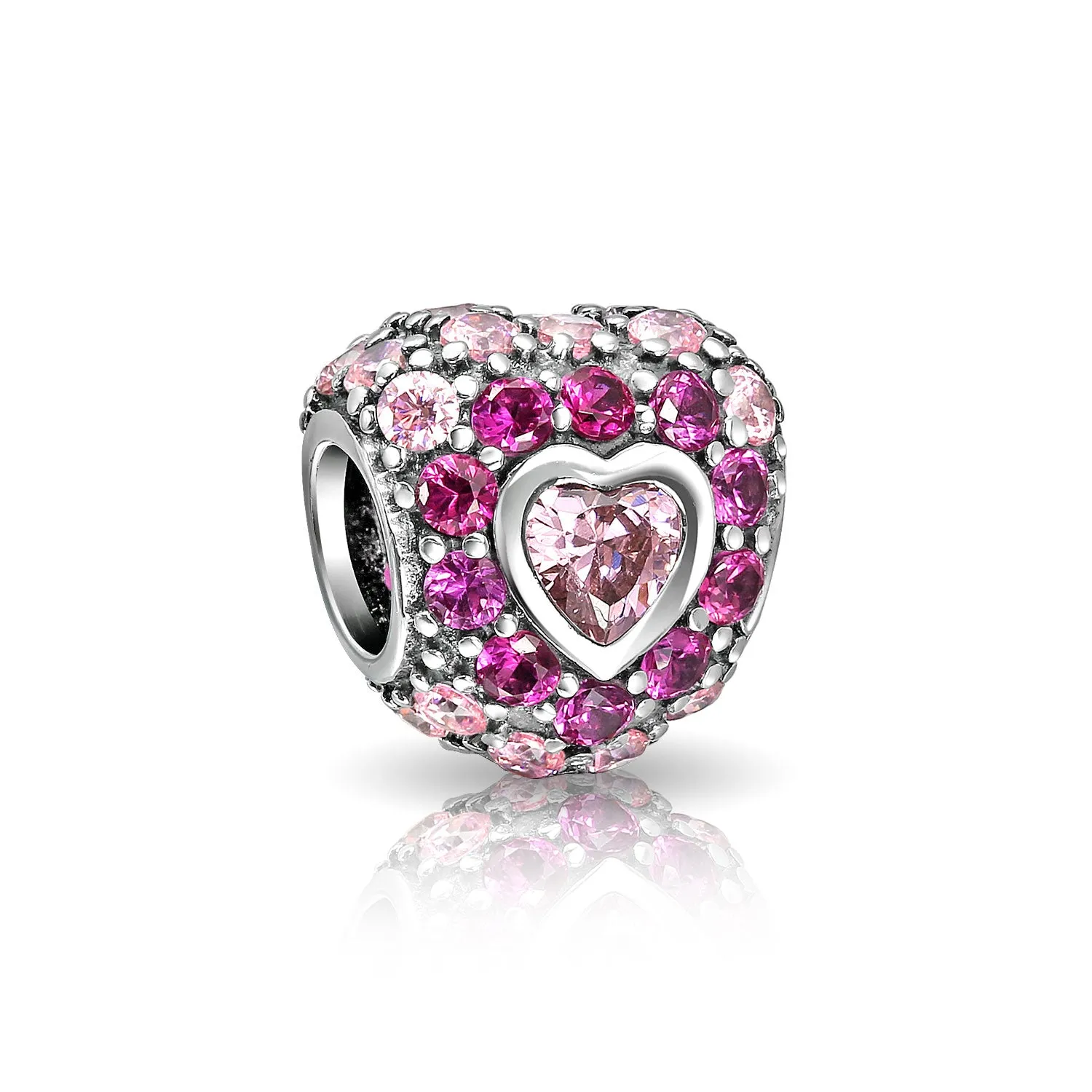 Hot Pink Fuchsia CZ Pave Heart Charm Bead Sterling Silver for European Bracelet