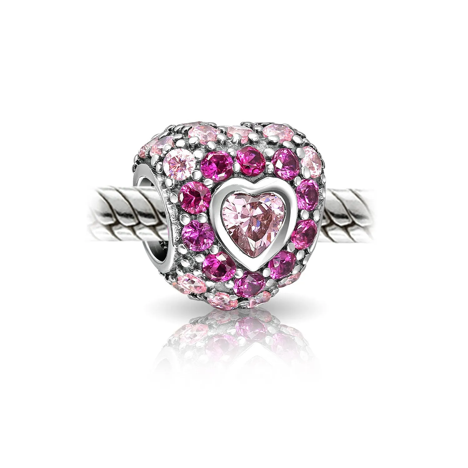 Hot Pink Fuchsia CZ Pave Heart Charm Bead Sterling Silver for European Bracelet