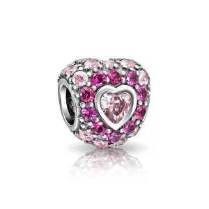 Hot Pink Fuchsia CZ Pave Heart Charm Bead Sterling Silver for European Bracelet