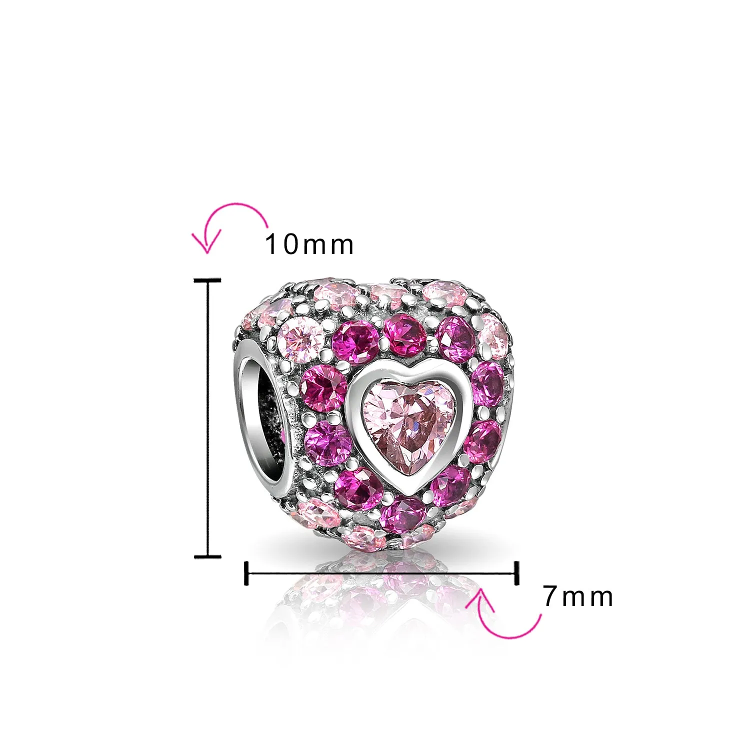 Hot Pink Fuchsia CZ Pave Heart Charm Bead Sterling Silver for European Bracelet