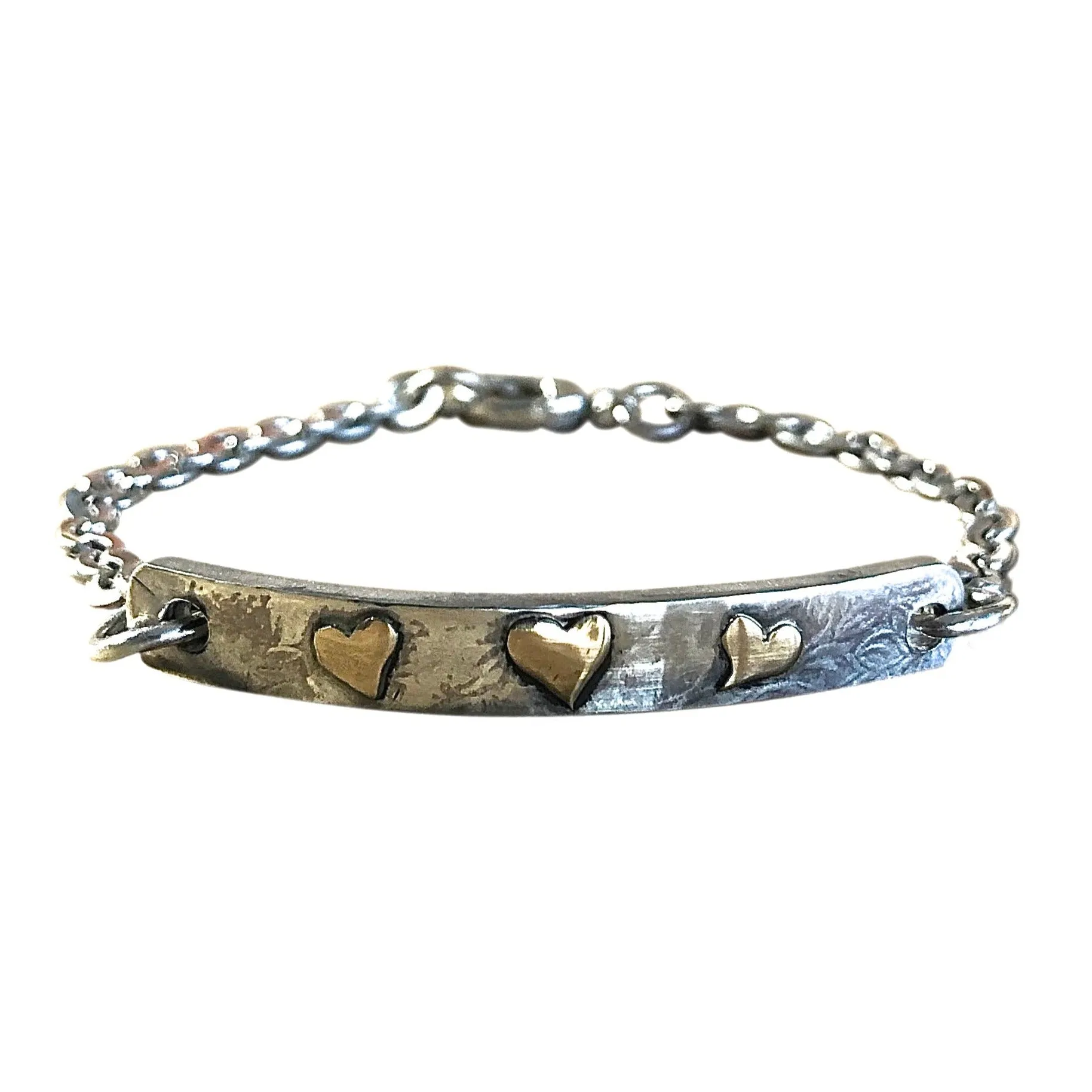 ID4 Sterling Silver ID Bracelet w Three Gold Hearts