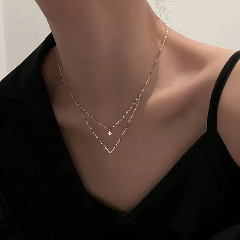 JuliaFashion - 2024 Shiny Zircon Double Layer V Necklace