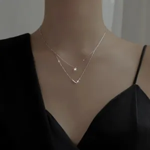 JuliaFashion - 2024 Shiny Zircon Double Layer V Necklace