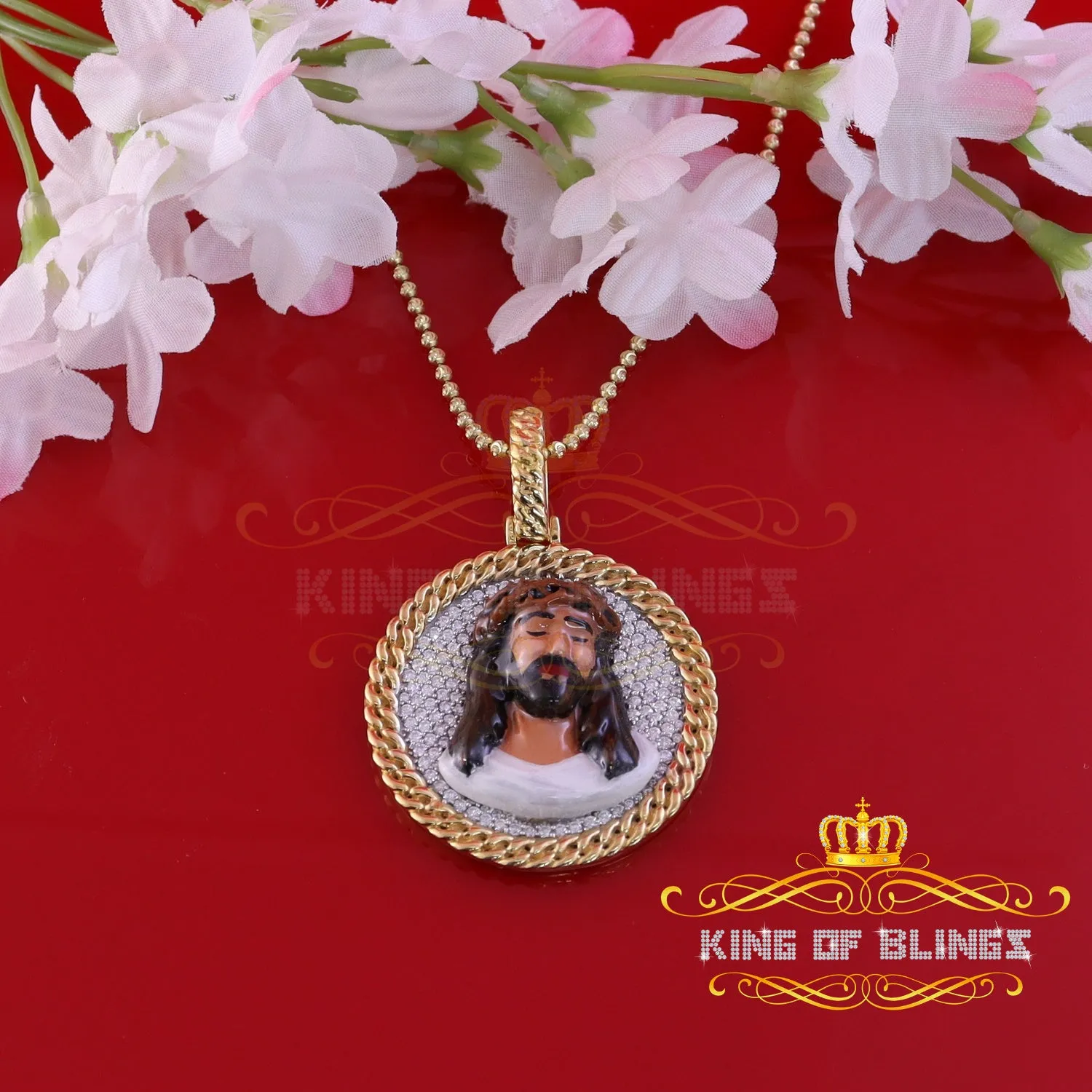 King Of Bling's Jesus 925 Silver 2.00ct W/Crushed Moissanite 1.50 Yellow Jesus Charm Pendant