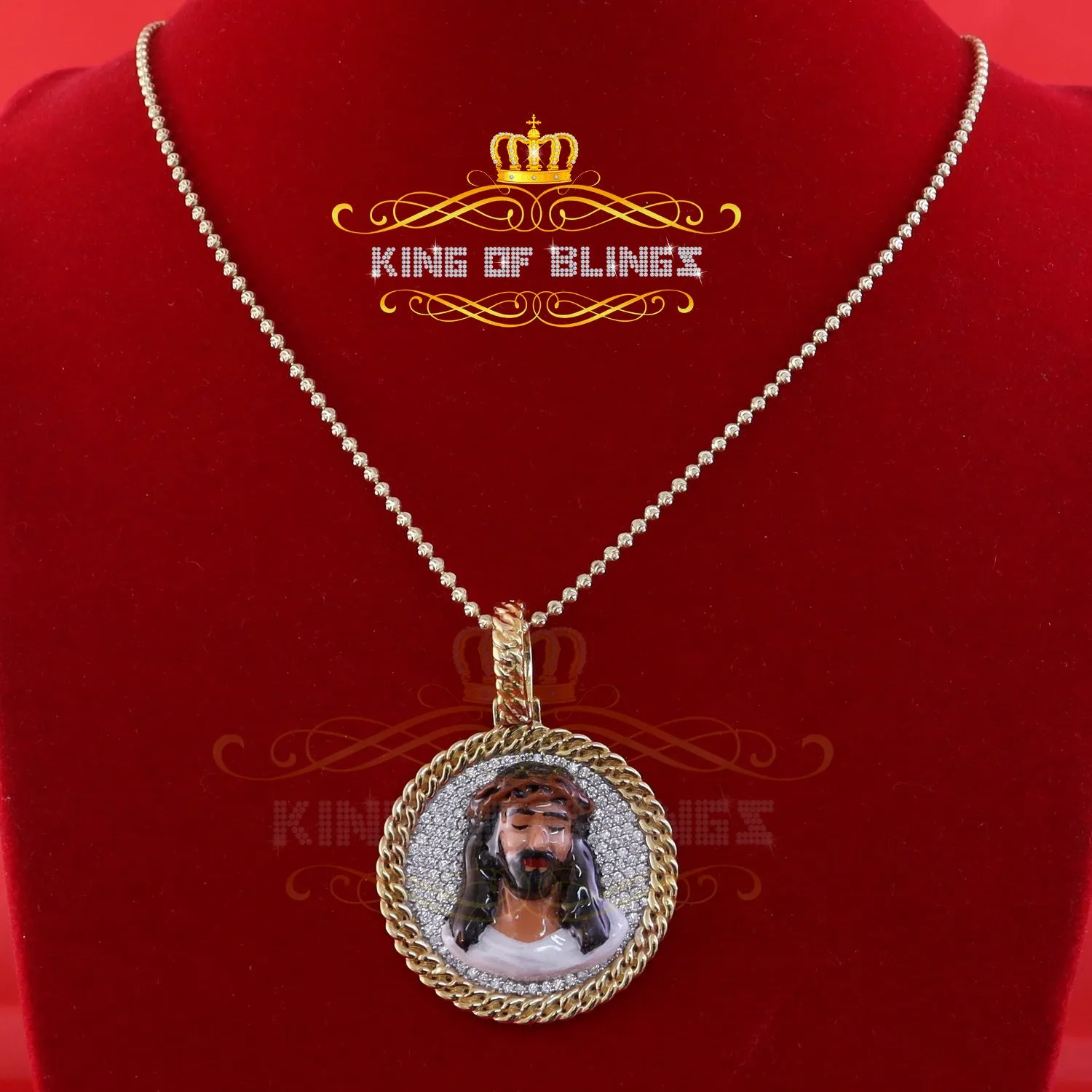 King Of Bling's Jesus 925 Silver 2.00ct W/Crushed Moissanite 1.50 Yellow Jesus Charm Pendant