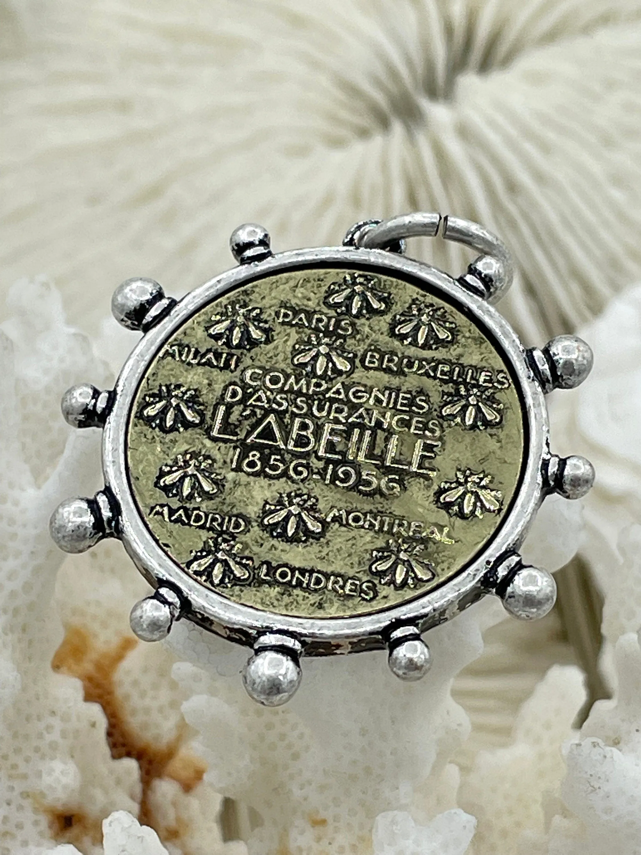 L'abielle Bee Coin Pendant, French Bee Coin with Bezel, Bee Pendant, Silver or Bronze Coin,4 bezel colors, Fleur De Lis Coin, Fast Ship