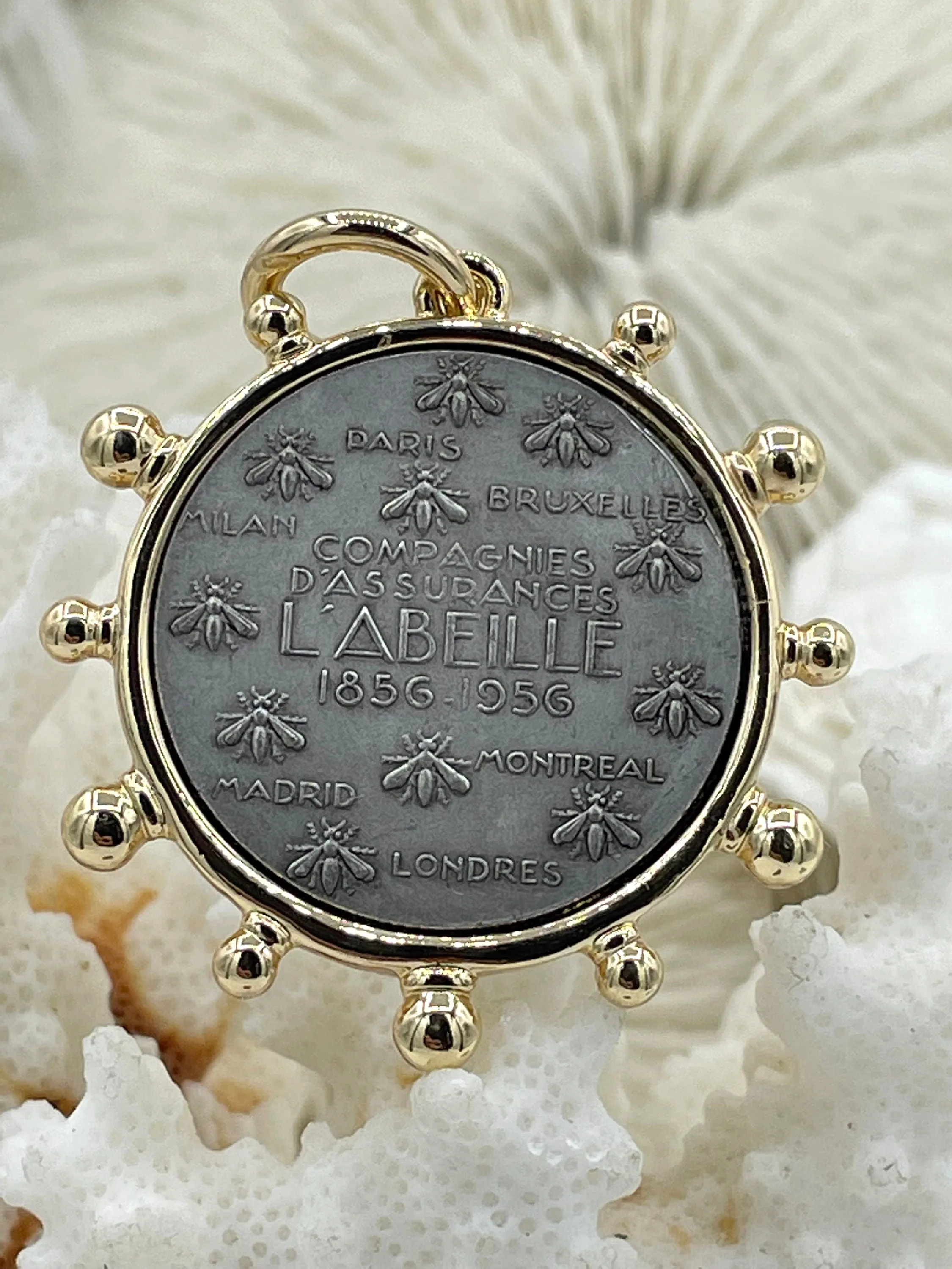 L'abielle Bee Coin Pendant, French Bee Coin with Bezel, Bee Pendant, Silver or Bronze Coin,4 bezel colors, Fleur De Lis Coin, Fast Ship