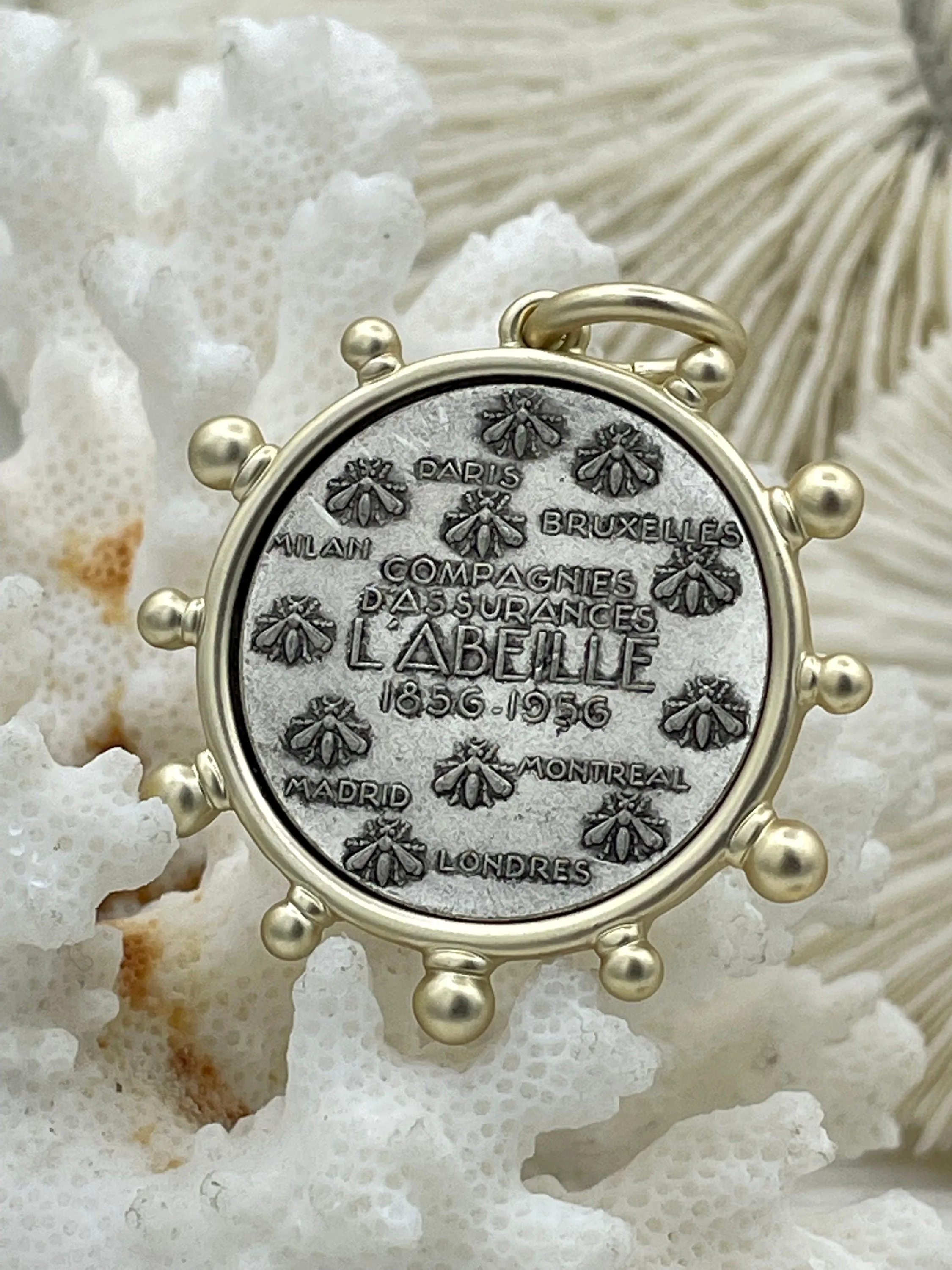 L'abielle Bee Coin Pendant, French Bee Coin with Bezel, Bee Pendant, Silver or Bronze Coin,4 bezel colors, Fleur De Lis Coin, Fast Ship