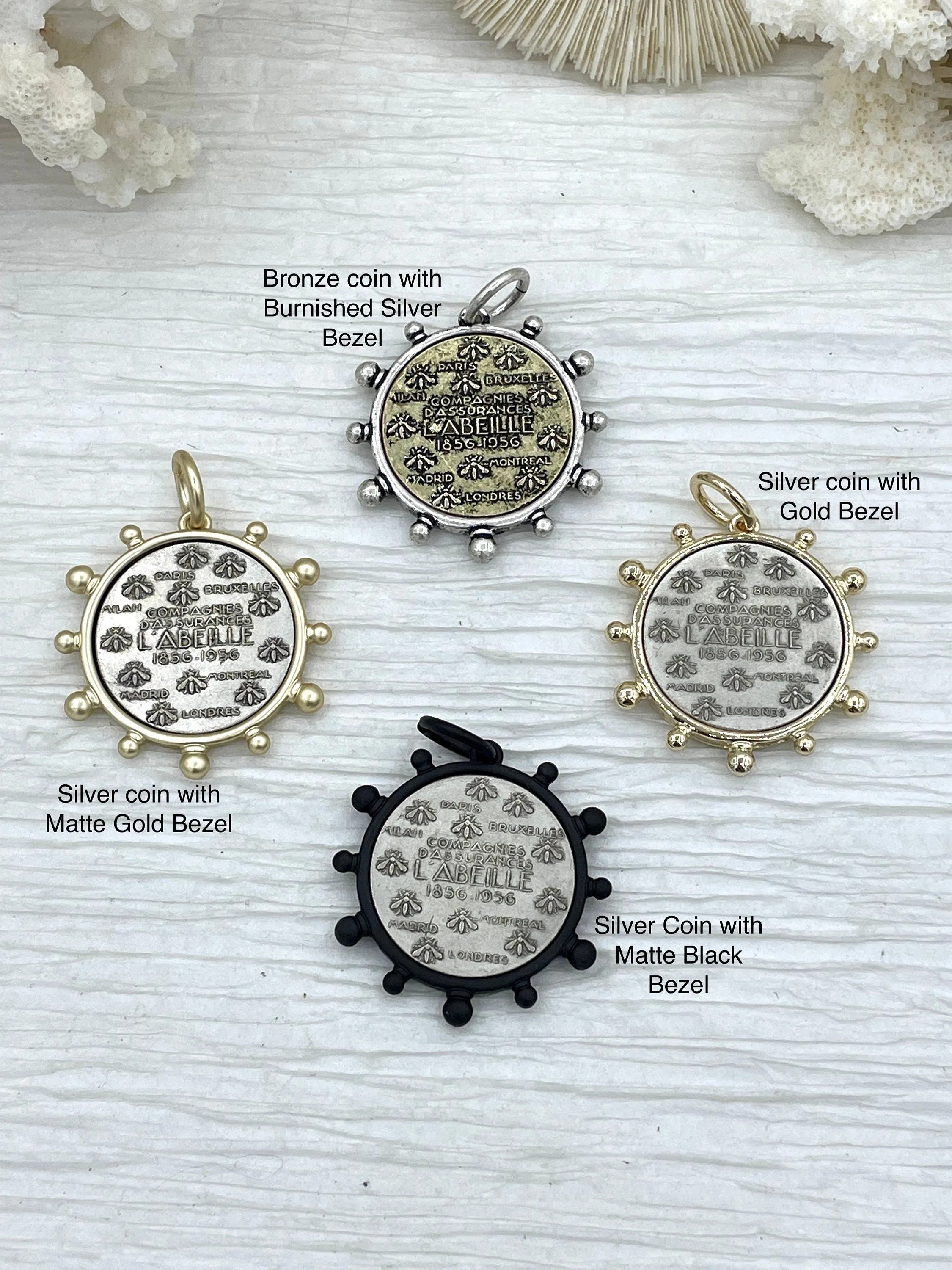 L'abielle Bee Coin Pendant, French Bee Coin with Bezel, Bee Pendant, Silver or Bronze Coin,4 bezel colors, Fleur De Lis Coin, Fast Ship