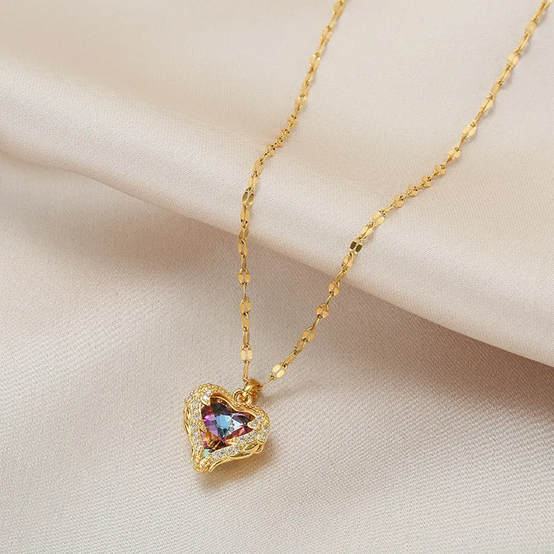 Luxury Zircon Crystal Heart Of Ocean Pendant Stainless Steel Necklace